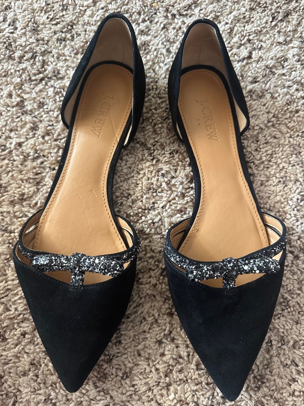J. Crew Black Suede Pointed D'Orsay Flats with Silver Glitter Bow